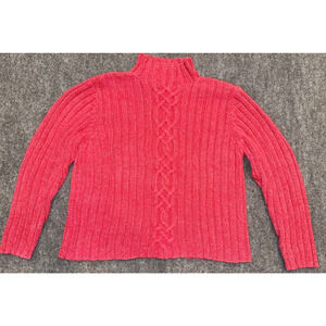 L.L.Bean Women's Cable Knit Sweater Turtleneck Braid Chunky Pink Cotton - Large